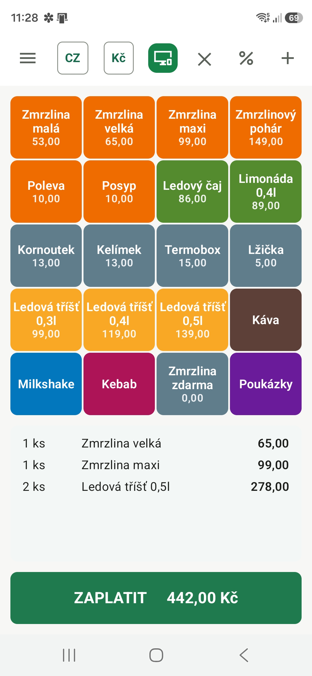 Prodejní obrazovka pokladny v telefonu